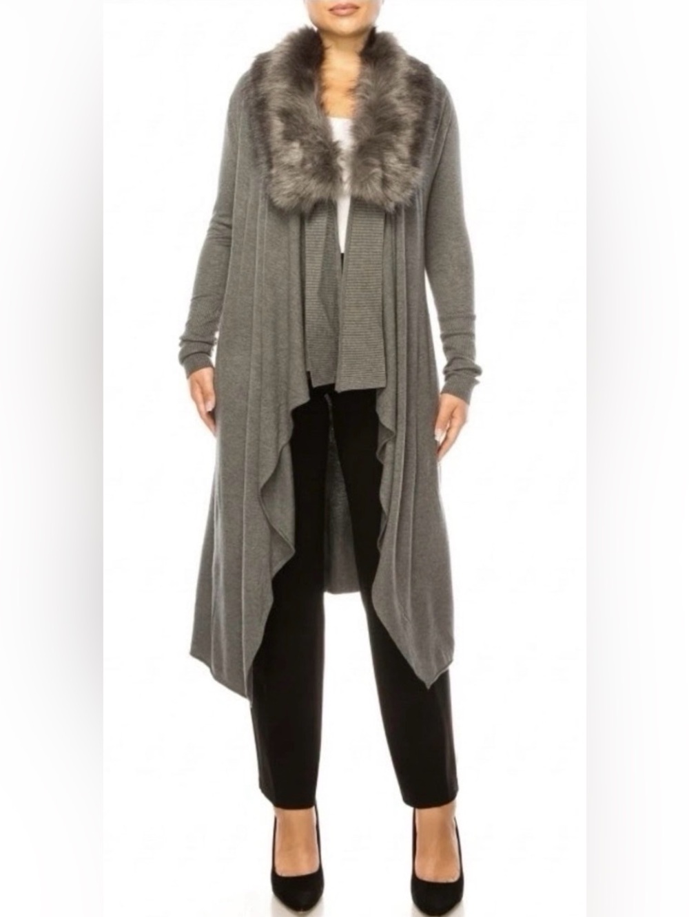 Sioni Faux Fur Collar Cardigan Sweater L Gray Duster Mob Wife Glam Luxe